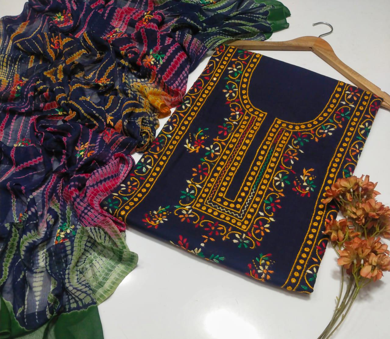 Dark Blue 3-Piece Lawn Suit – Chikankari Embroidery, Mirror Work & Chiffon Dupatta